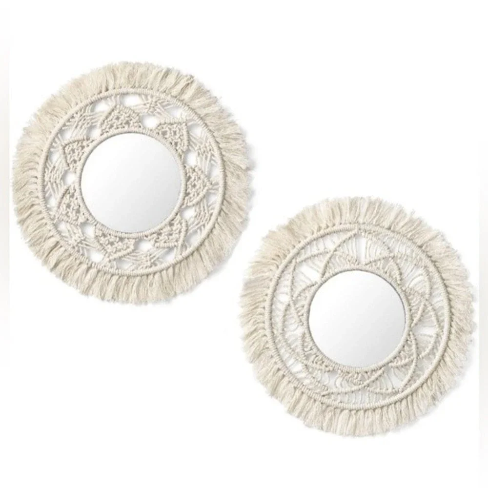 (2) Boho Hanging Wall Mirrors Macrame Fringe Wall Decor